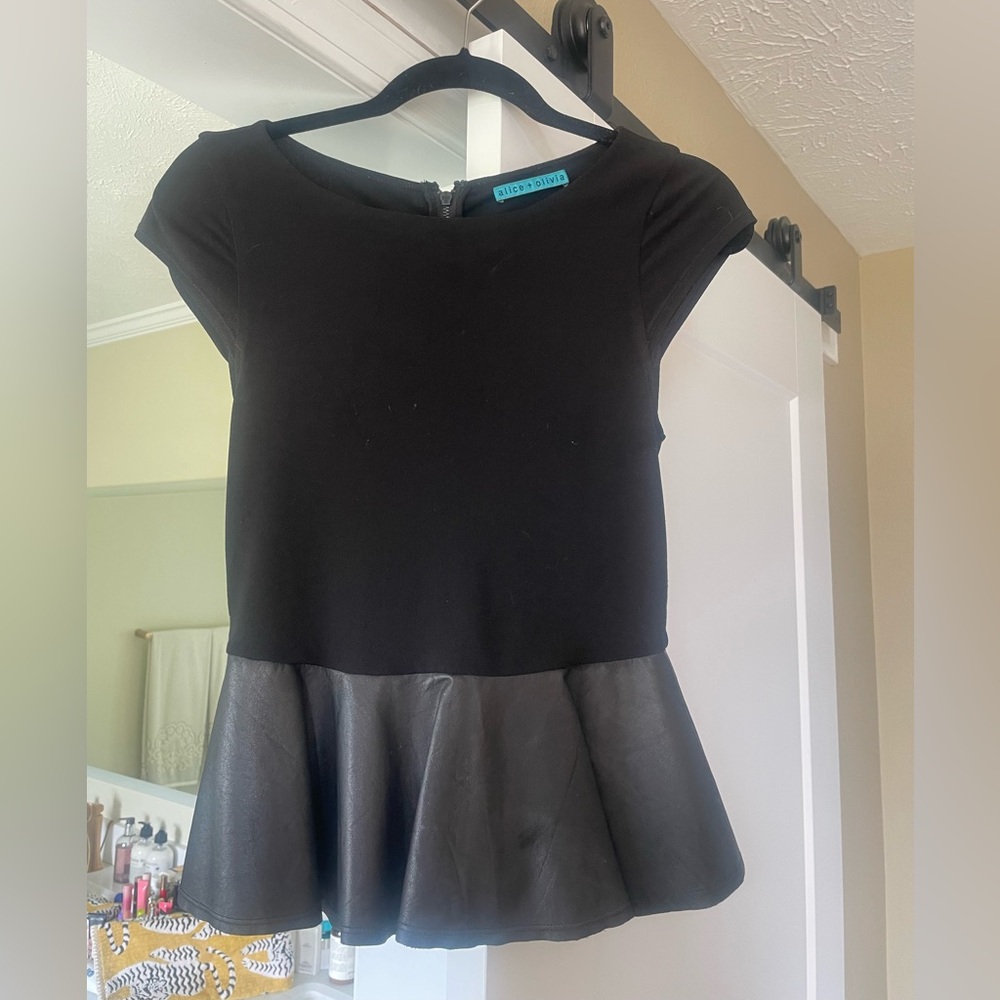 Alice + Olivia Peplum Black Genuine Leather Accent Top.  Size S